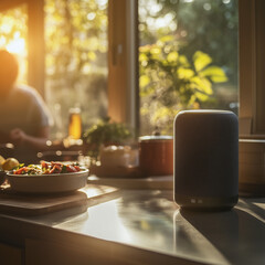Smart speaker on a kitchen counter during a sunny morning, with a person preparing food in the background, blending technology with a cozy home atmosphere