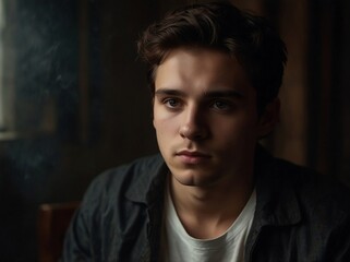 Fototapeta premium In the Shadows A Moment of Solitude A Hazy Contemplation handsome boy