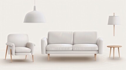 A white sofa and a white chair are placed in front of a white wall