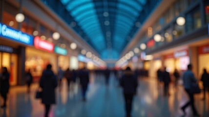 Fototapeta premium Shopping mall with people during night in blurred abstract background.