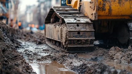 Close-up of a bulldozer's tracks in mud. This image can be used for construction or heavy machinery projects, showcasing the harsh environment they operate in.