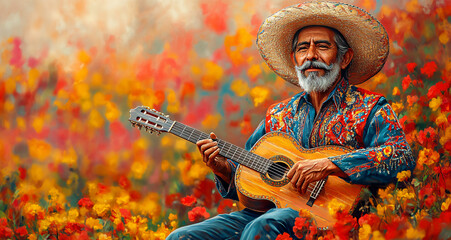 Fototapeta premium Cinco de Mayo wallpaper with an illustration of a mariachi man playing a guitar, with copy space. Perfect for promoting festive events and celebrations.