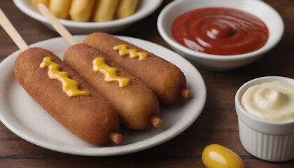 corndogs with ketchup and mustard on a table
