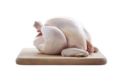 A whole chicken is on a wooden cutting board