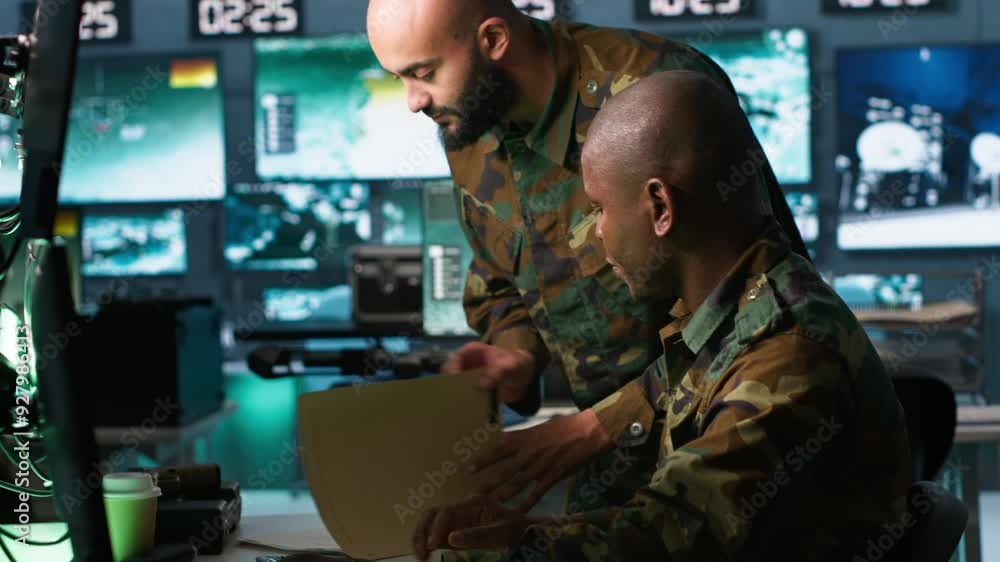Poster team of military officers in command center look at intel folder files on enemy battle formation. in