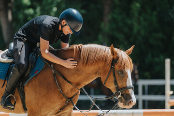 Equestrian practicing horse riding outdoors, showcasing a strong bond between rider and horse. The...
