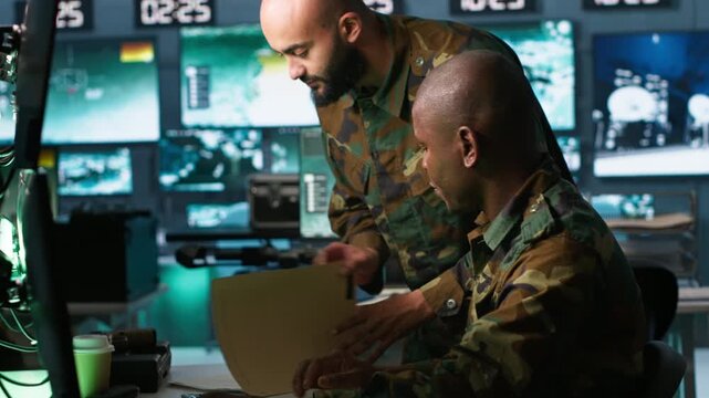 Team of military officers in command center look at intel folder files on enemy battle formation. Intelligence corps colleagues read mission case file to collect data on opponents strategy, camera A