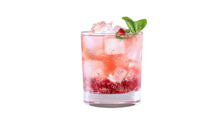 A glass of pink drink with a green leaf on top