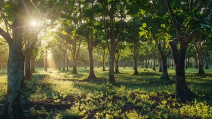 Obraz premium Rubber Tree Farm in Rural Area at Sunset with Text Space
