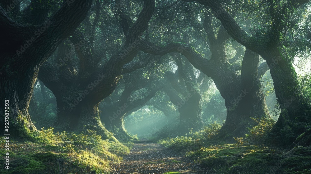 Poster a mysterious forest path leads through trees. this image is ideal for fantasy or fairytale-themed pr
