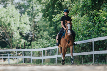 Young rider enjoying a horseback ride through the countryside, surrounded by lush green foliage on...