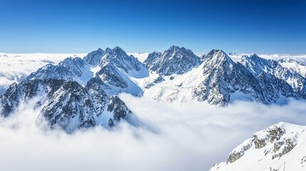 Fototapeta premium Breathtaking Landscape Photography of a Snowy Mountain Top with a Sea of Clouds, Captured with a Super Wideangle Lens for Super Clear, High Quality Clarity