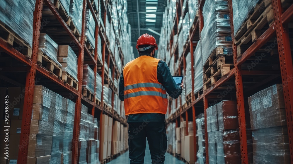 Poster a worker in a warehouse checks inventory. this image is perfect for illustrating concepts of logisti