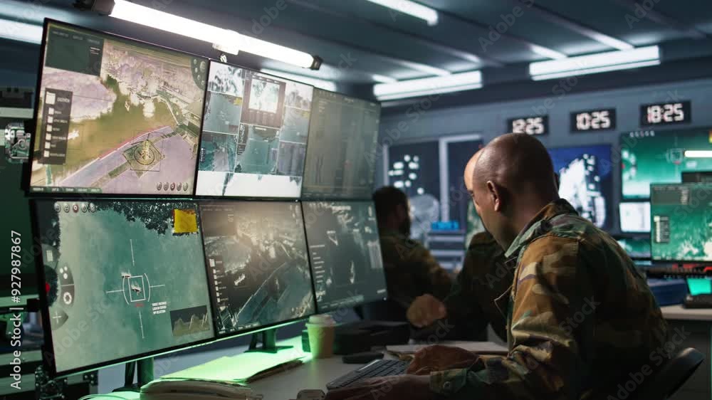 Poster army officers doing brainstorming in command center, looking at intel folder files. intelligence cor