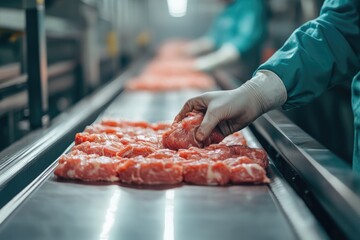 A gloved hand inspects meat on a conveyor belt. This photo shows the process of meat production in a factory.
