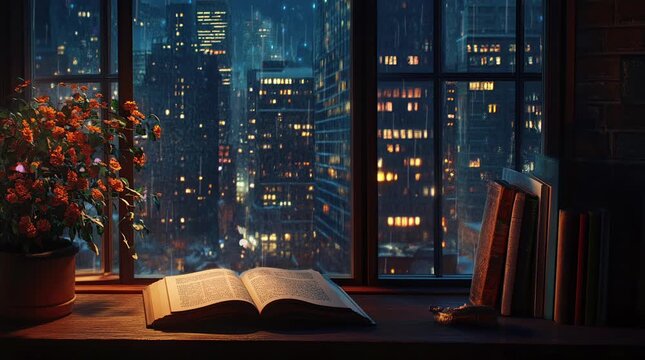 Open book on a wooden table by apartment window overlooking cityscape in the evening.
 Seamless looping 4k time-lapse virtual video animation Generated AI