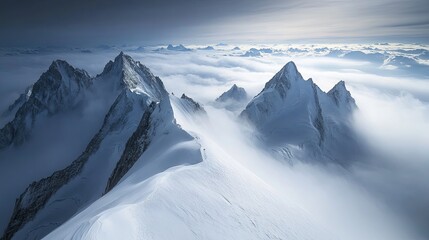 Fototapeta premium Breathtaking Landscape Photography of a Snowy Mountain Top with a Sea of Clouds, Captured with a Super Wideangle Lens for Super Clear, High Quality Clarity