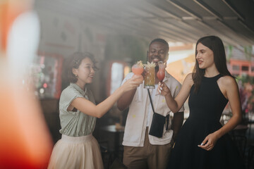 Multicultural businesspeople enjoying drinks and celebrating success together in an outdoor cafe. Team members clinking glasses and smiling, showcasing diversity and camaraderie in a relaxed setting.