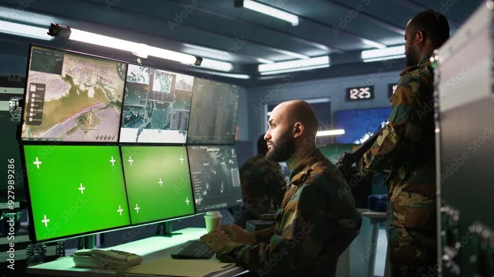 Poster military agent working in control room, using isolated screen software on laptop, analyzing aerial r
