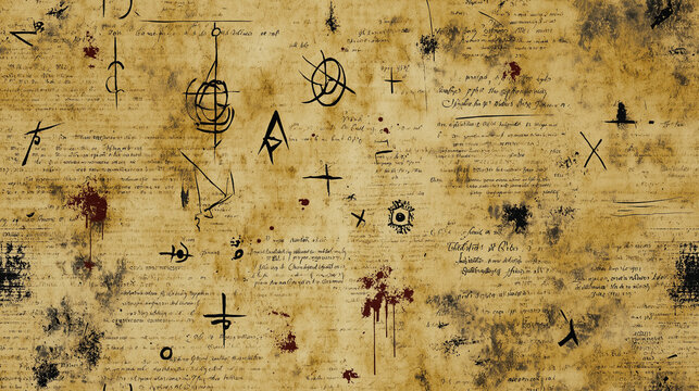 magical spell book page texture with arcane symbols and splatters of mysterious potions
