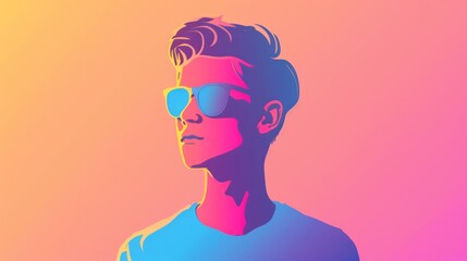 A stylish young man poses with sunglasses, showcasing a colorful gradient backdrop that adds energy to the atmosphere, gen z concept