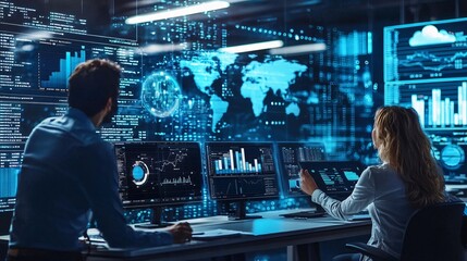 Collaborative Remote Teamwork with Cloud Technology Professionals Analyzing Real-Time Data on Multiple Screens