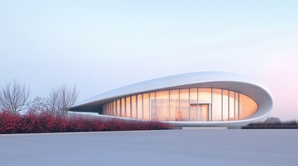 Fototapeta premium Modern architectural design featuring a sleek, curved building surrounded by minimalist landscaping.