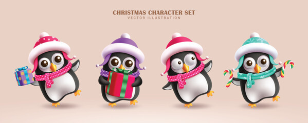 Christmas penguin character vector set design. Penguin characters in happy pose, cute smiling, friendly waving, standing and holding gift box and candy cane elements isolated in pink  background. 