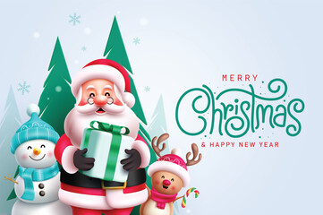Merry christmas greeting vector template design. Christmas greeting text in paper cuts blue pine trees background with santa claus holding gift box elements, snowman and reindeer characters. Vector