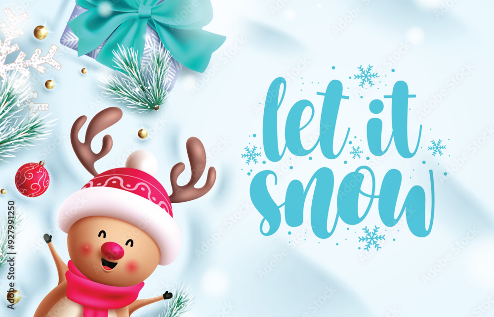 Poster christmas character vector design. let it snow greeting text card with cute smiling reindeer charact