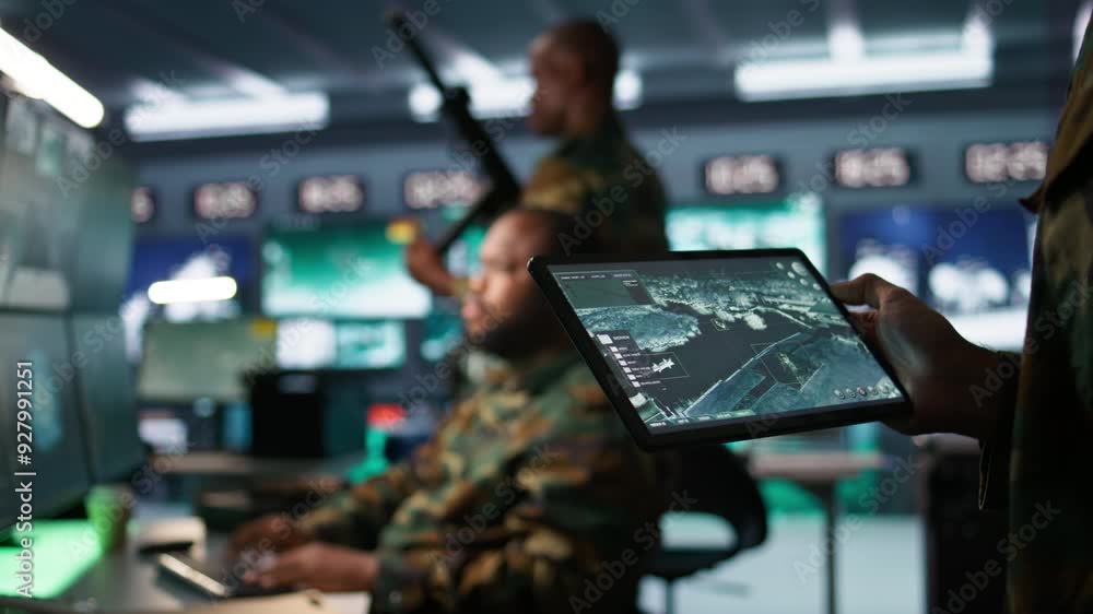 Aufkleber military agent working in control room, using software on tablet, analyzing aerial reconnaissance da