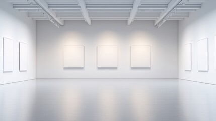 A minimalist art gallery featuring empty white frames on the wall, inviting contemplation.