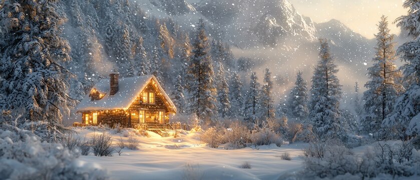 Enchanting Snowy Cottage in Winter Wonderland Cozy House Surrounded by Snowy Pine Trees in Tranquil Setting with Warm Lights