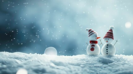 Two snowmen stand in a snowy landscape with falling snow. They are both wearing red and white striped hats. One snowman has a carrot nose and the other has a red scarf.