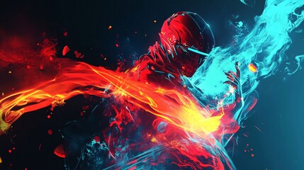 Dynamic gaming wallpaper with abstract fighter character in motion, red and blue particles, perfect for desktop background.