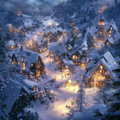 Obraz premium Enchanted Christmas Eve Snowy Village: A Cozy anime-style Winter Wonderland for Festive Season Celebrations and 2025 New Year Greetings,Anime-Style,illustration,Picture BooksFor Poster,Novel,UI,WEB,Ga