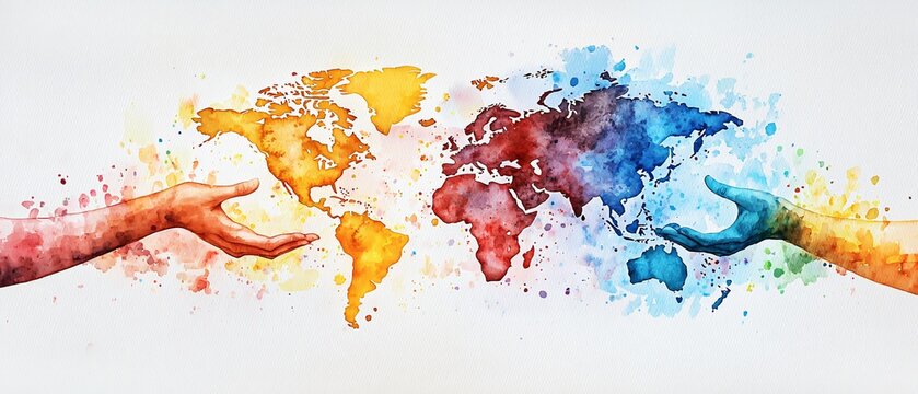 Unity in Diversity World Humanitarian Day Watercolor Scene with Global Support Hands Offering Help and Kindness, International Aid Concept
