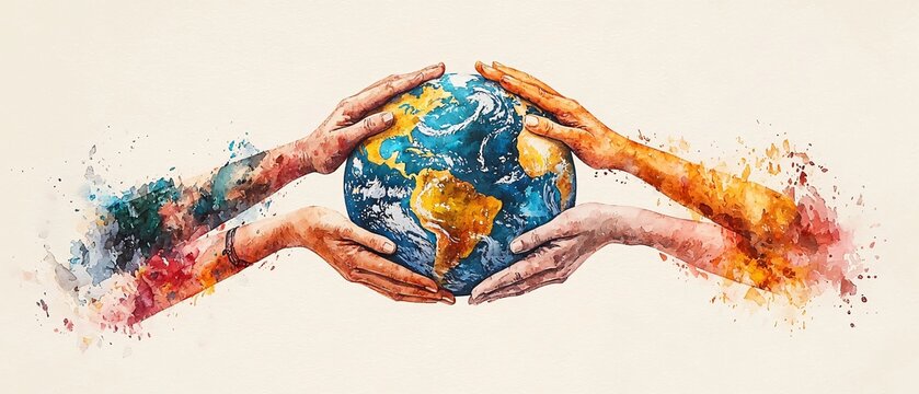 Global Solidarity on World Humanitarian Day Watercolor Illustration of Diverse Hands Holding the Earth in Unity