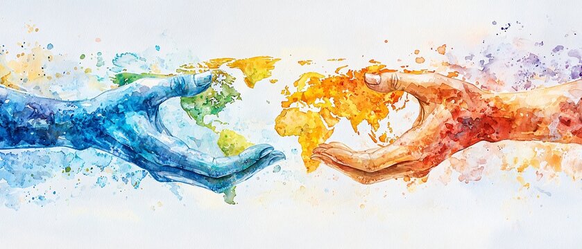 Unity in Giving World Humanitarian Day Watercolors Illustration with Diverse Helping Hands and Global Impact