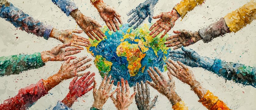 Unity in Diversity Watercolor Painting Celebrating World Humanitarian Day with Global Aid Symbolism - Powered by Adobe