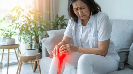 Young Asian Woman in Pain Holding Knee on Modern Sofa in Light Gray Living Room
