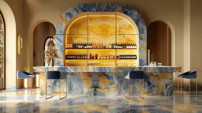 Pub interior with bar tables and chairs. Modern luxury bar with gleaming marble walls.