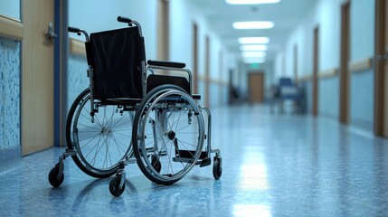 Fototapeta premium Concept photo of wheelchair in a hospital corridor 
