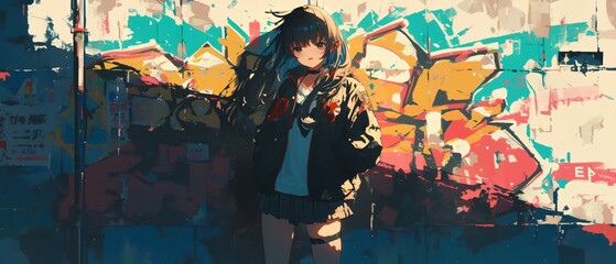 Urban Expression: Anime Teenager Creating Graffiti Art on City Wall