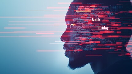 Obraz premium Abstract representation of a man's profile with digital elements, symbolizing technology and marketing for Black Friday sales.