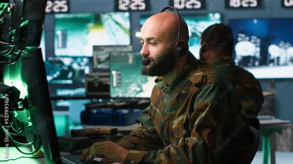 Aufkleber soldier solving tasks in military hq base, gathering information on enemy troops. middle eastern age