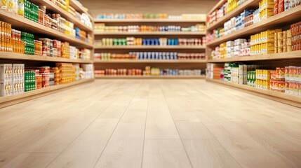 Fototapeta premium Aisle view of a well-organized grocery store, showcasing shelves filled with colorful cans and products in a clean, modern environment.
