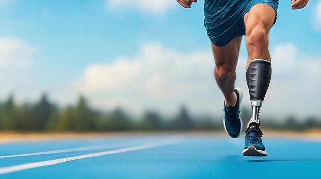 An athlete with a prosthetic leg sprinting on a track, showcasing determination and resilience in sports.