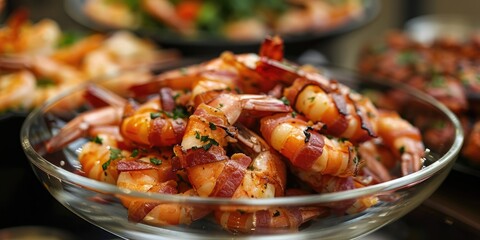Bowl of bacon wrapped shrimp on display