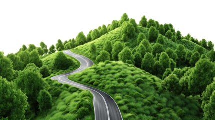 Road in the green mountains forest isolated on transparent white background, clipping path